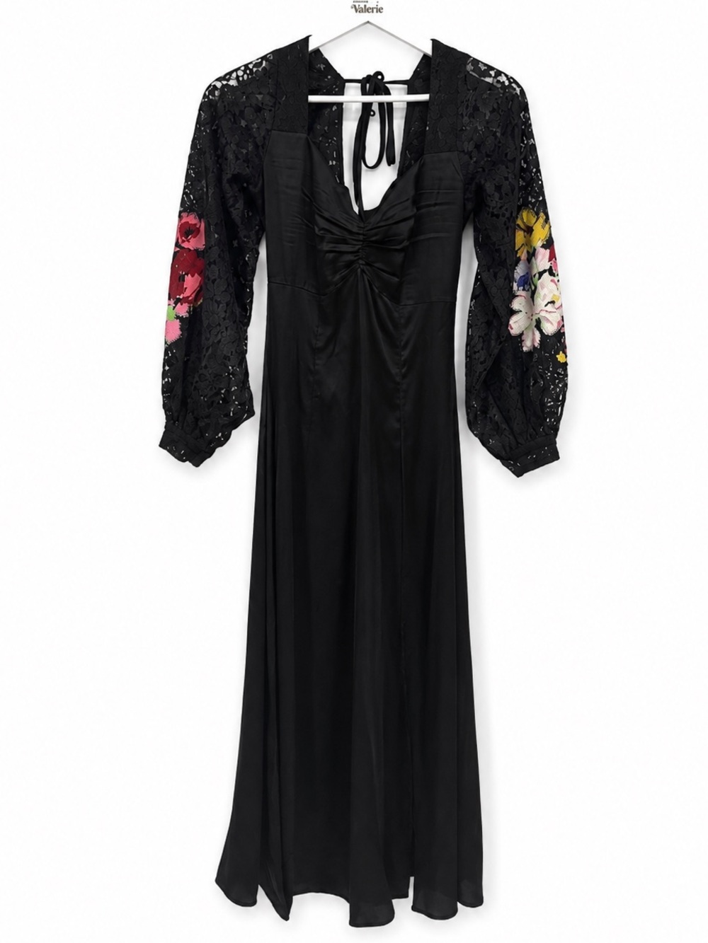 Topshop Black Satin Long Midi Dress Floral Embroidery Size 2 Formal